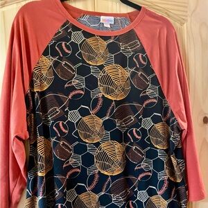 3x LuLaroe printed baseball shirt. Worn twice in excellent used condition.